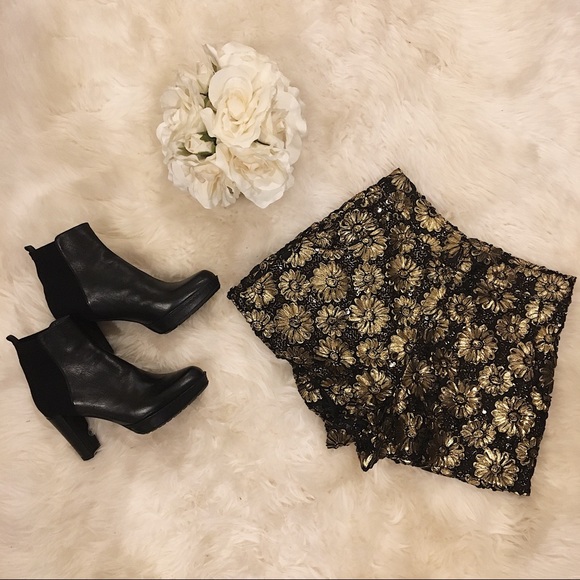 Sister Jane Pants - Sister Jane Black and Gold Sequin Flower Shorts.